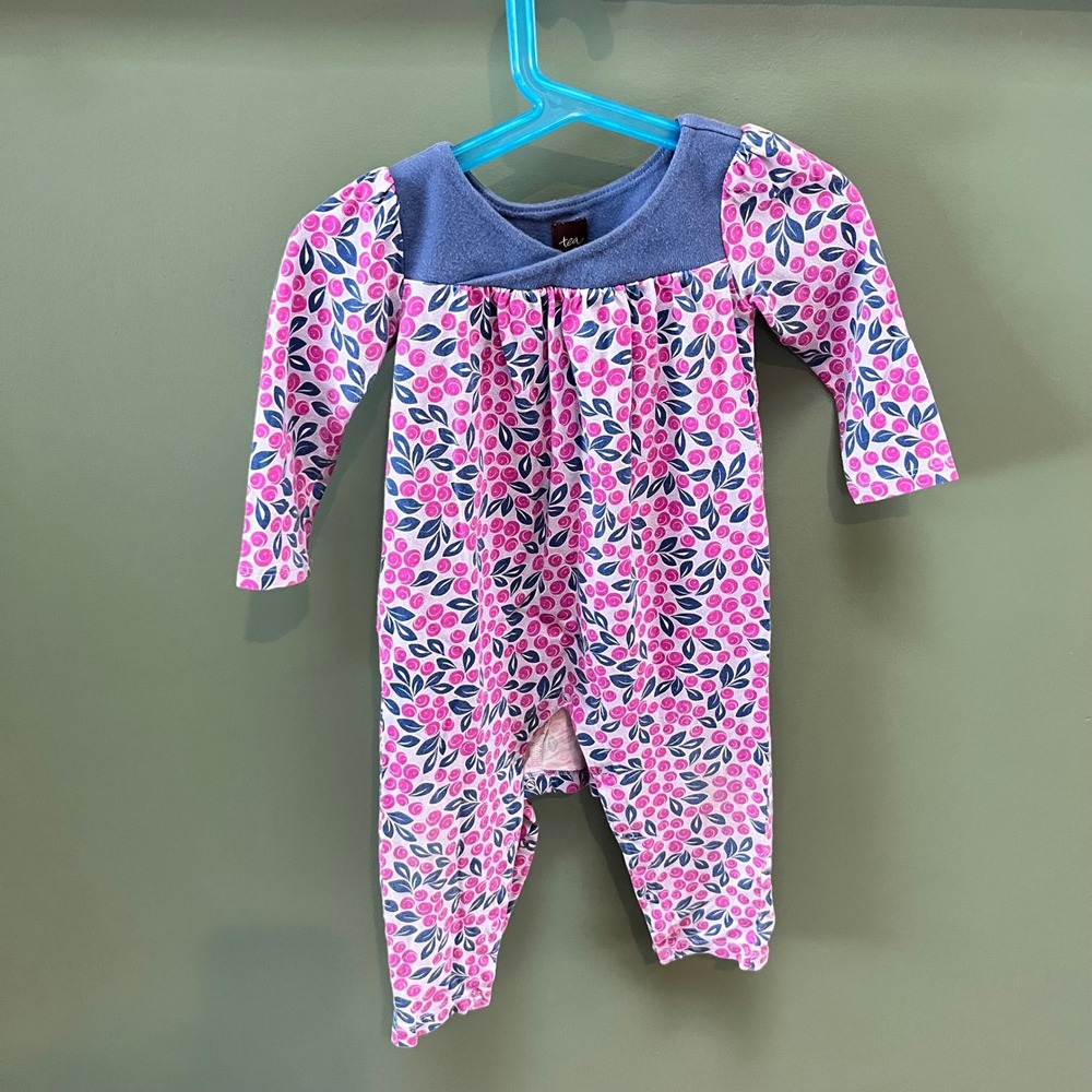 Tea Collection Baby Girl Romper 12 18 Months Pink Blue Floral Berry Print